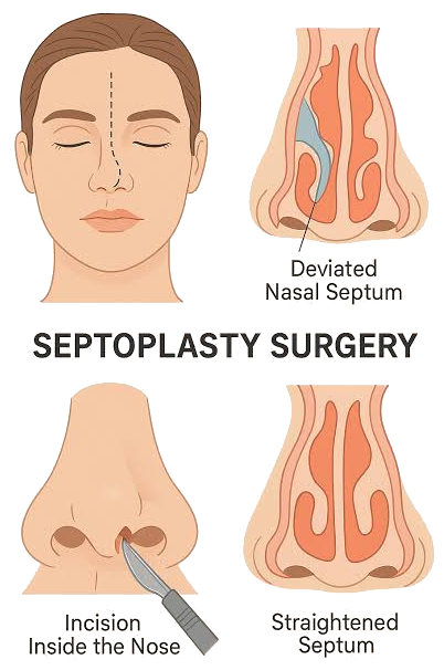 Septoplasty surgery steps: deviated nasal septum, incision inside the nose, straightened septum
